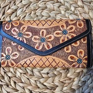Floral Embossed Tan and Black Clutch